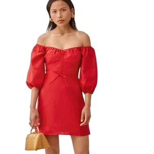 Reformation Red Linen Puff Sleeve Mini Dress Small 2 Romantic Cottagecore